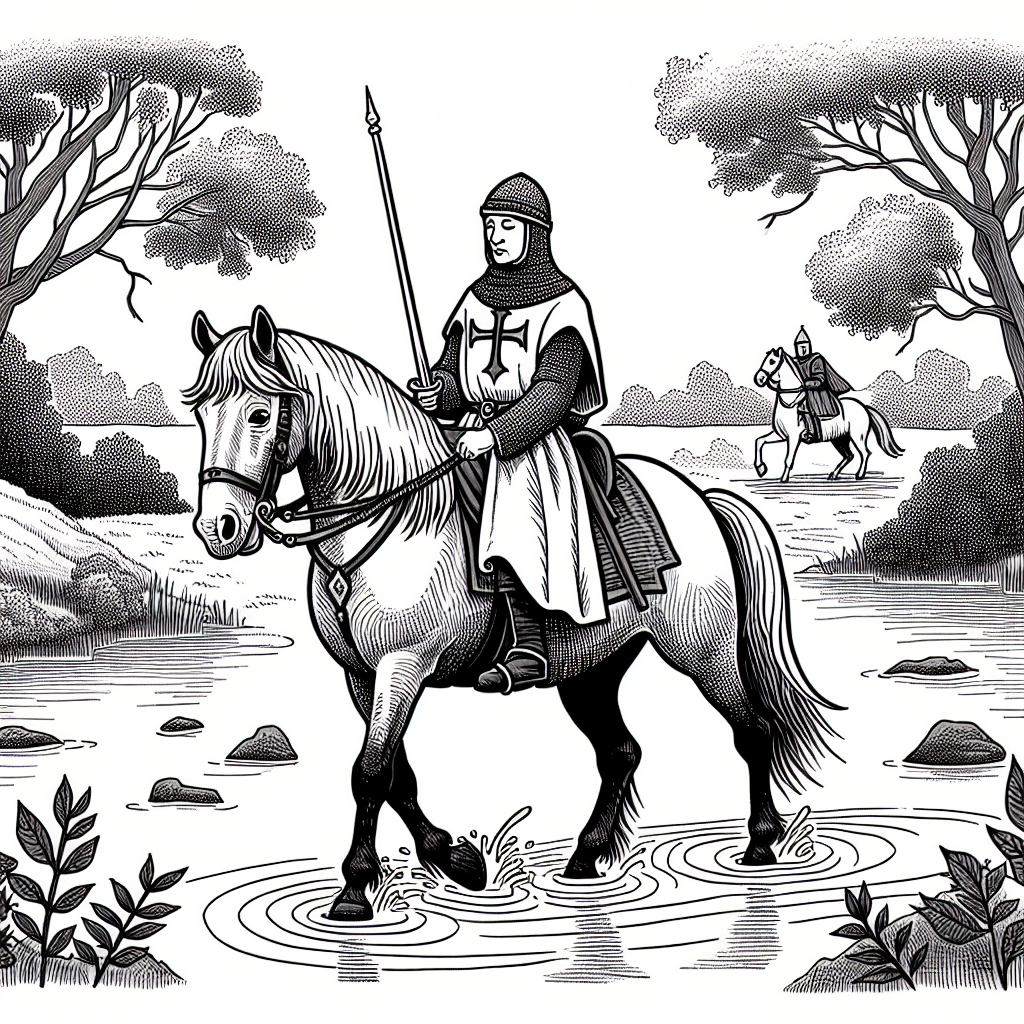 Coloring page of a Shetland pony female rider, medieval knightess crossing a river