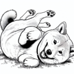 Coloring page of a Shiba Inu dog, loyal companion rolling on the grass