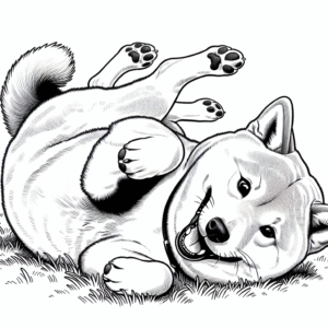 Coloring page of a Shiba Inu dog, loyal companion rolling on the grass
