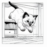 Coloring page of a Siamese cat, curious cat jumping onto a shelf