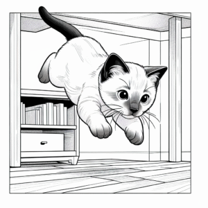 Coloring page of a Siamese cat, curious cat jumping onto a shelf