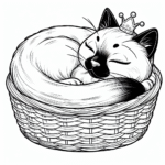 Coloring page of a Siamese cat, lazy napper curled up in a basket
