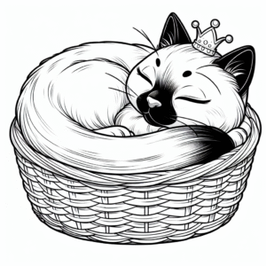 Coloring page of a Siamese cat, lazy napper curled up in a basket