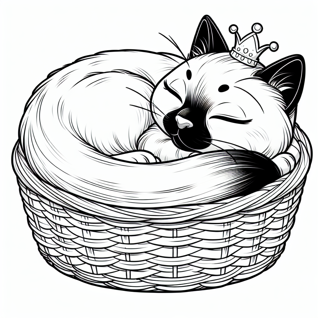 Coloring page of a Siamese cat, lazy napper curled up in a basket