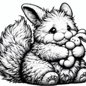 Coloring page of a smoosh squishy animal, chubby bunny hugging a plush toy