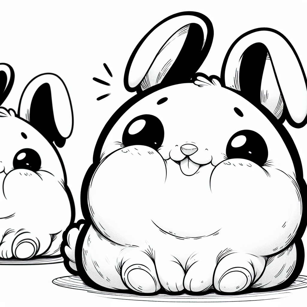 Coloring page of a smoosh squishy animal, chubby bunny sitting happily