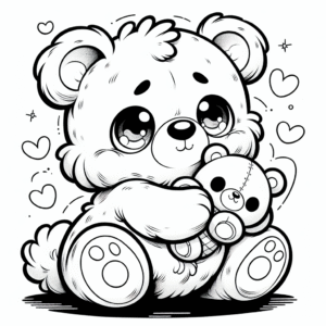 Coloring page of a smoosh squishy animal, fluffy bear hugging a plush toy