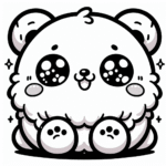 Coloring page of a smoosh squishy animal, fluffy bear sitting happily