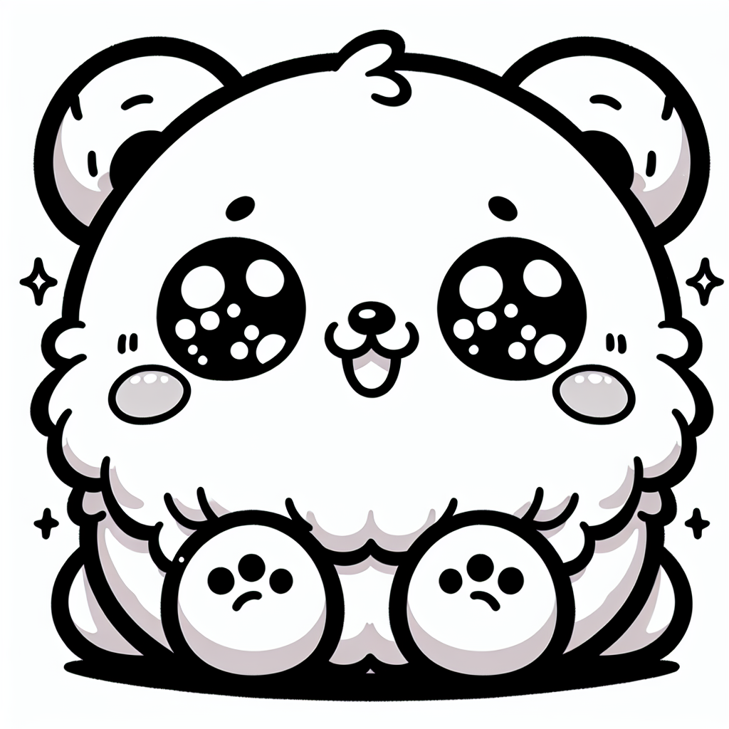 Coloring page of a smoosh squishy animal, fluffy bear sitting happily