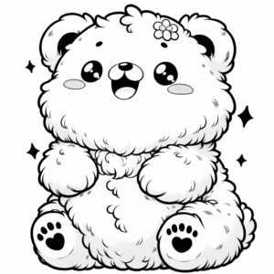 Coloring page of a smoosh squishy animal, fluffy bear sitting happily