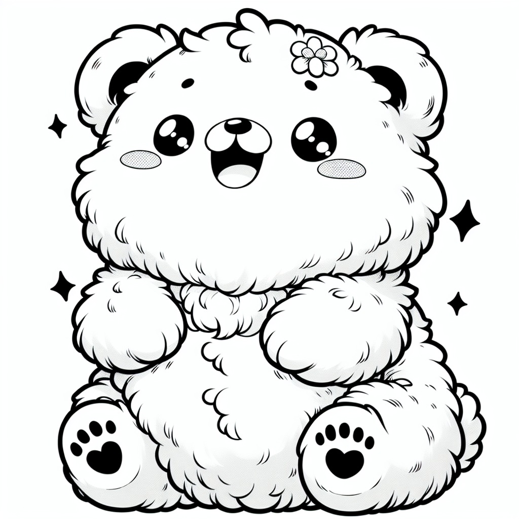 Coloring page of a smoosh squishy animal, fluffy bear sitting happily