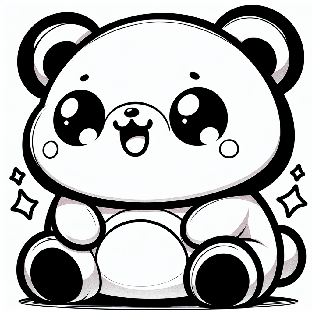 Coloring page of a smoosh squishy animal, fluffy bear sitting happily