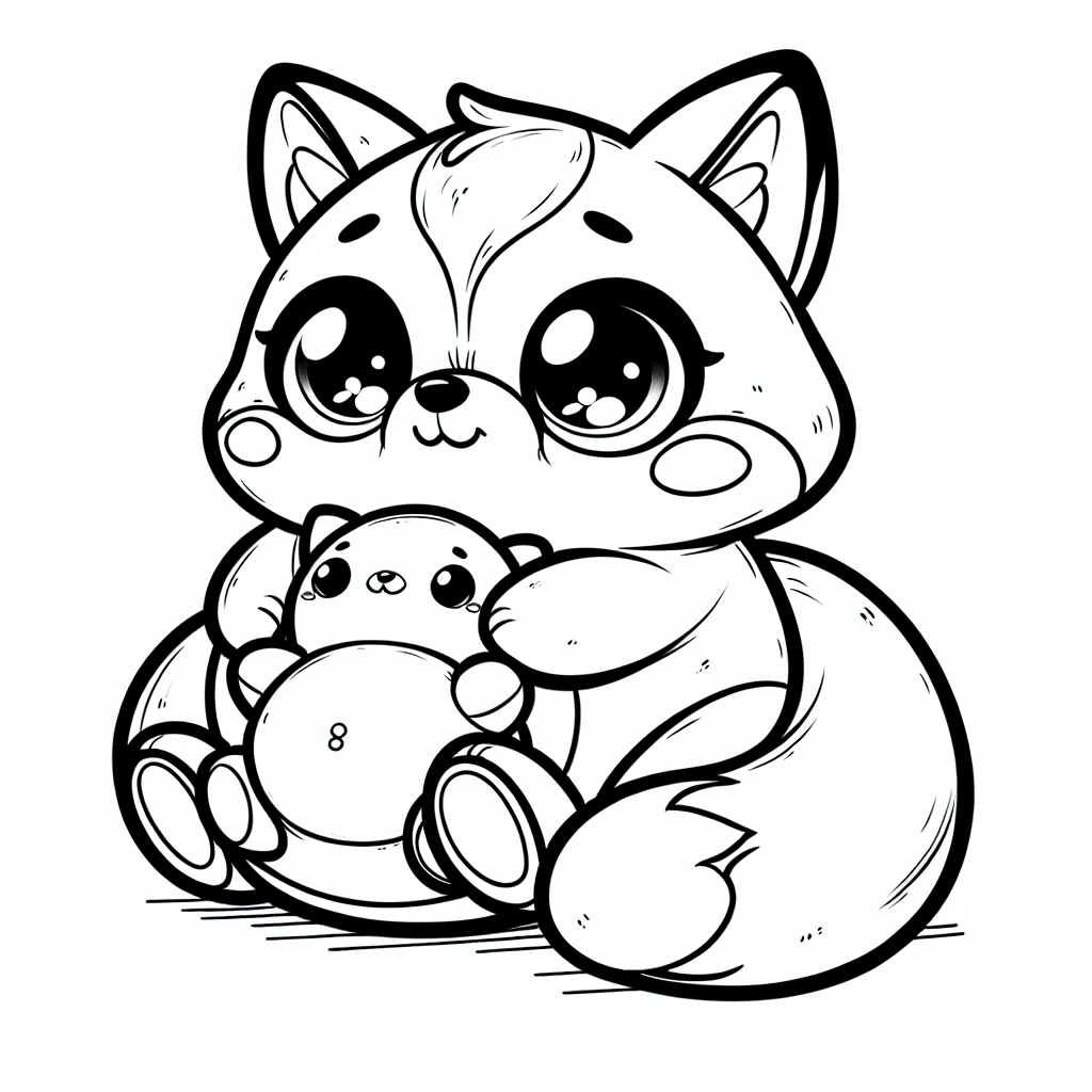 Coloring page of a smoosh squishy animal, plump fox hugging a plush toy