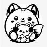 Coloring page of a smoosh squishy animal, plump fox hugging a plush toy
