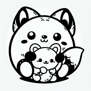 Coloring page of a smoosh squishy animal, plump fox hugging a plush toy