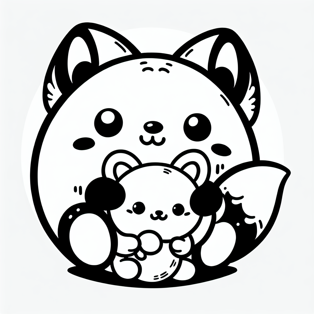 Coloring page of a smoosh squishy animal, plump fox hugging a plush toy
