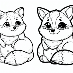 Coloring page of a smoosh squishy animal, plump fox sitting happily