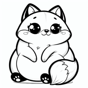 Coloring page of a smoosh squishy animal, plump fox sitting happily