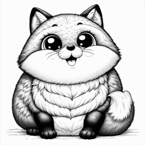 Coloring page of a smoosh squishy animal, plump fox sitting happily