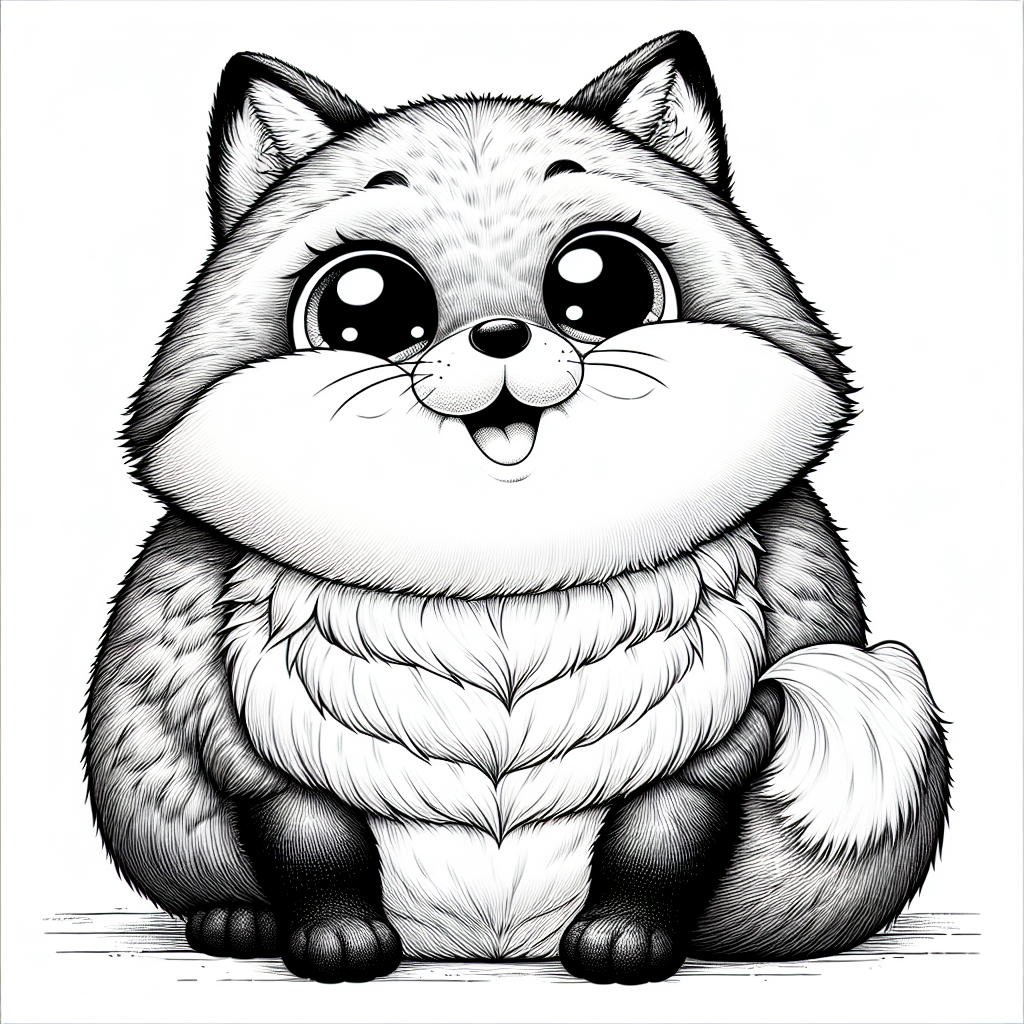 Coloring page of a smoosh squishy animal, plump fox sitting happily