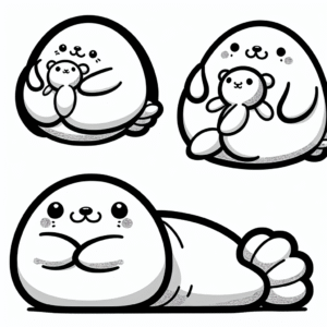 Coloring page of a smoosh squishy animal, puffy seal hugging a plush toy