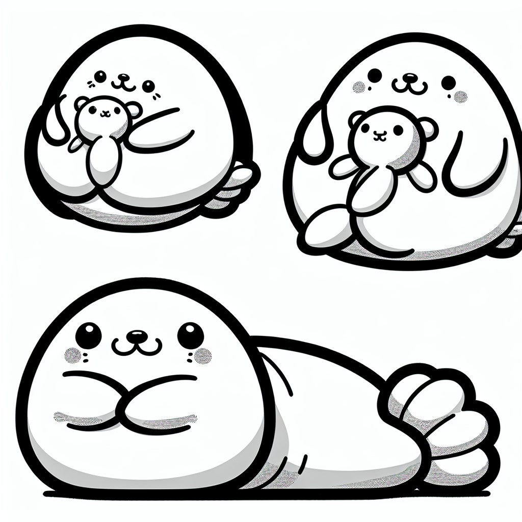 Coloring page of a smoosh squishy animal, puffy seal hugging a plush toy