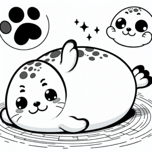Coloring page of a smoosh squishy animal, puffy seal rolling around