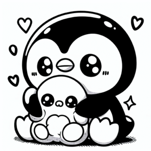 Coloring page of a smoosh squishy animal, round penguin hugging a plush toy