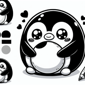 Coloring page of a smoosh squishy animal, round penguin hugging a plush toy