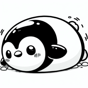 Coloring page of a smoosh squishy animal, round penguin rolling around