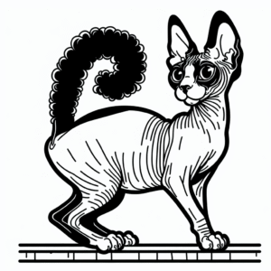Coloring page of a Sphynx cat, curious cat stretching on a windowsill