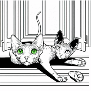 Coloring page of a Sphynx cat, playful hunter stretching on a windowsill