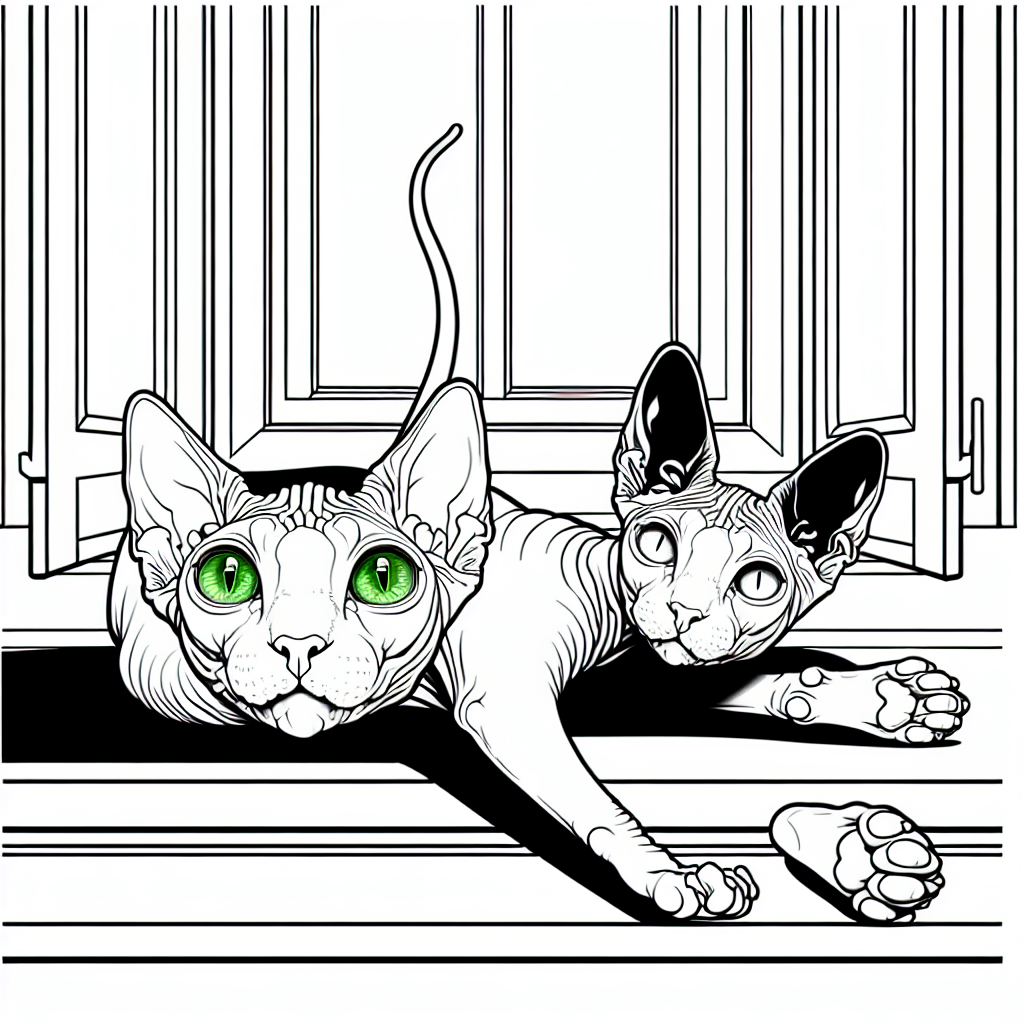 Coloring page of a Sphynx cat, playful hunter stretching on a windowsill