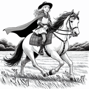 Coloring page of a Thoroughbred girl riding a horse, medieval knightess galloping across a meadow
