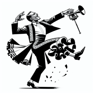 Coloring page of a traditional performer, jazz performer leaping across the stage