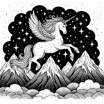 Coloring page of a unicorn, celestial spirit gliding above mountains