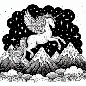 Coloring page of a unicorn, celestial spirit gliding above mountains