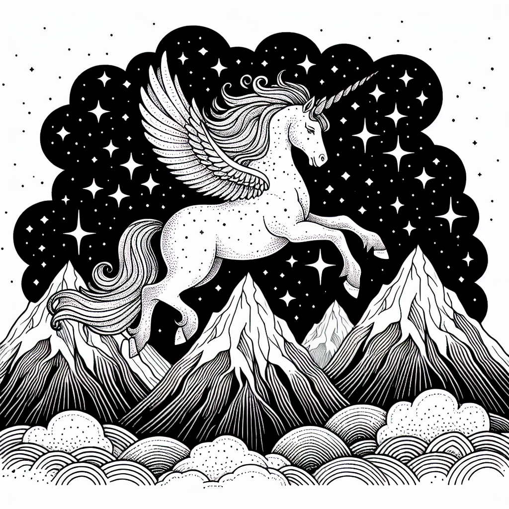 Coloring page of a unicorn, celestial spirit gliding above mountains