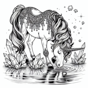Coloring page of a unicorn, dream steed drinking from a crystal lake