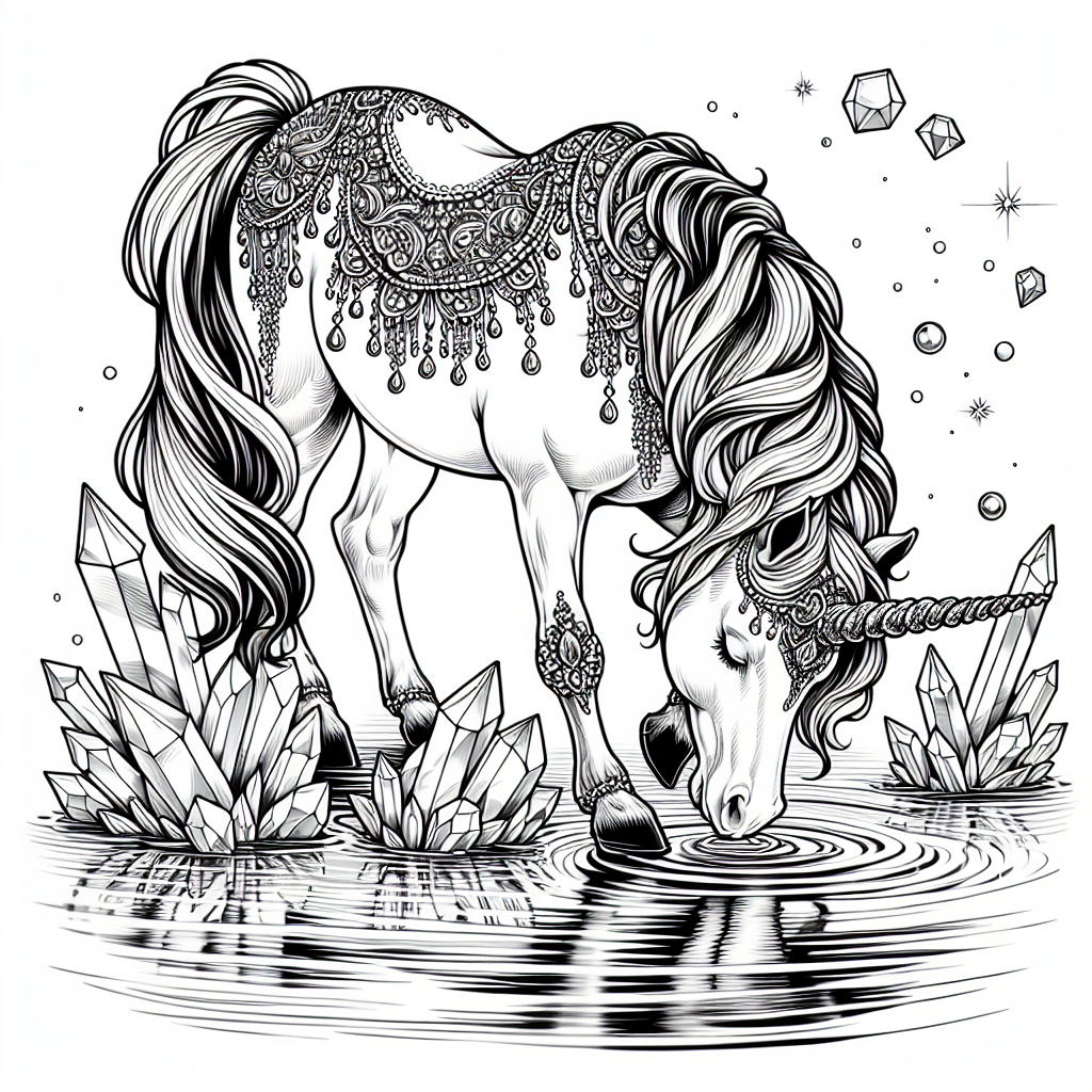 Coloring page of a unicorn, dream steed drinking from a crystal lake