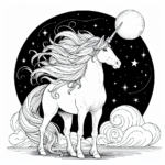 Coloring page of a unicorn, dream steed looking at the moon