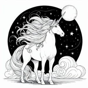 Coloring page of a unicorn, dream steed looking at the moon
