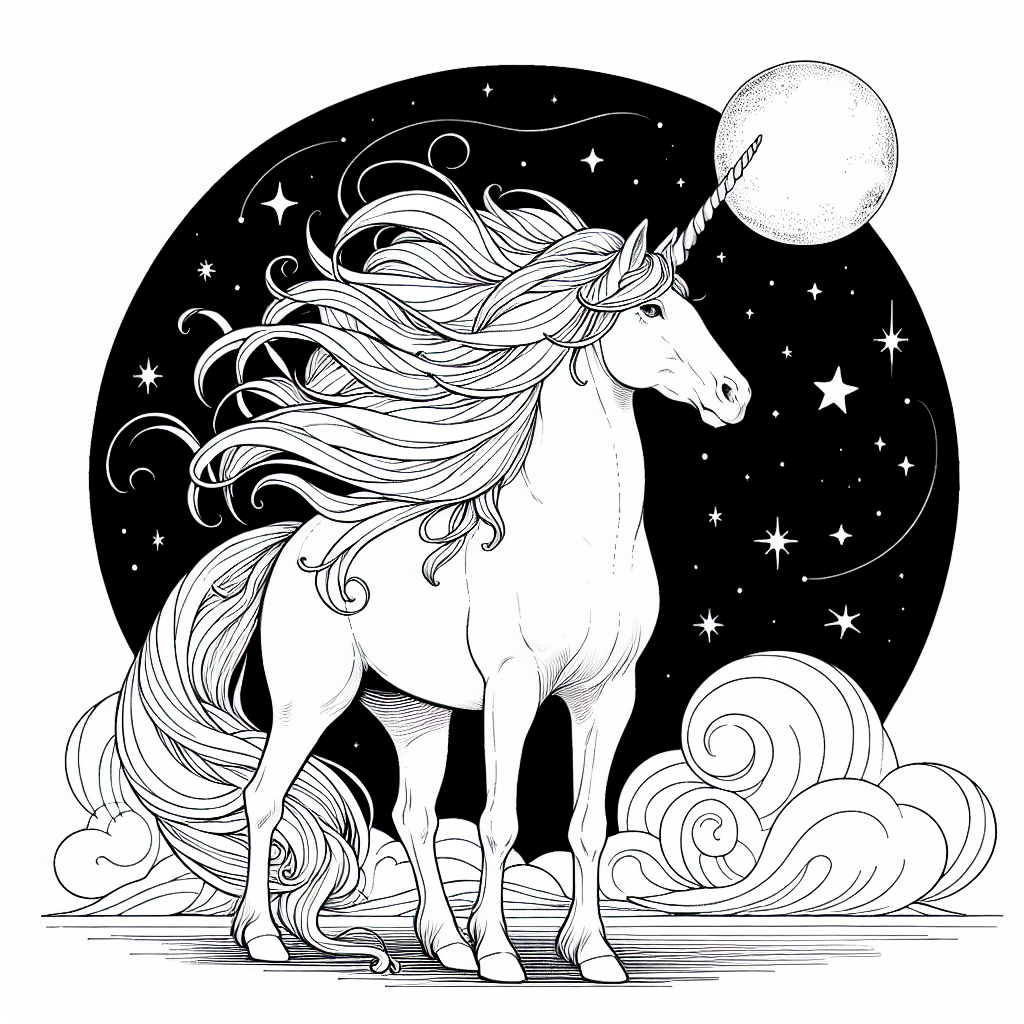 Coloring page of a unicorn, dream steed looking at the moon