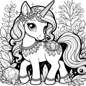 Coloring page of a unicorn, guardian of the forest posing gracefully