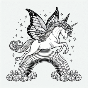 Coloring page of a unicorn, magical being leaping over a rainbow