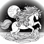 Coloring page of a unicorn, magical being looking at the moon