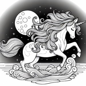 Coloring page of a unicorn, magical being looking at the moon