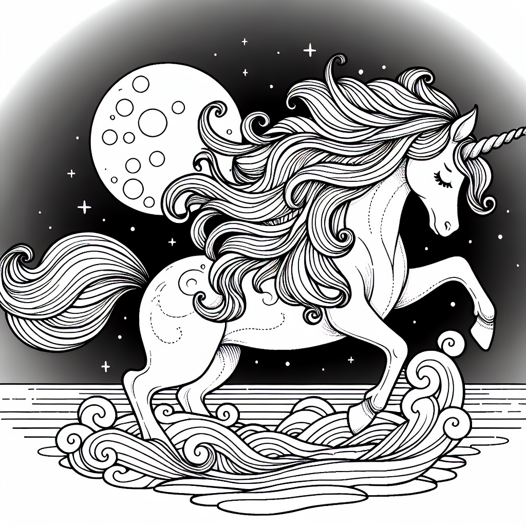 Coloring page of a unicorn, magical being looking at the moon