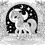 Coloring page of a unicorn, magical being standing in a magical portal