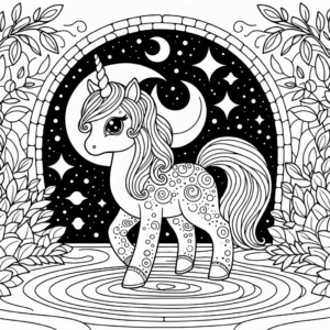 Coloring page of a unicorn, magical being standing in a magical portal